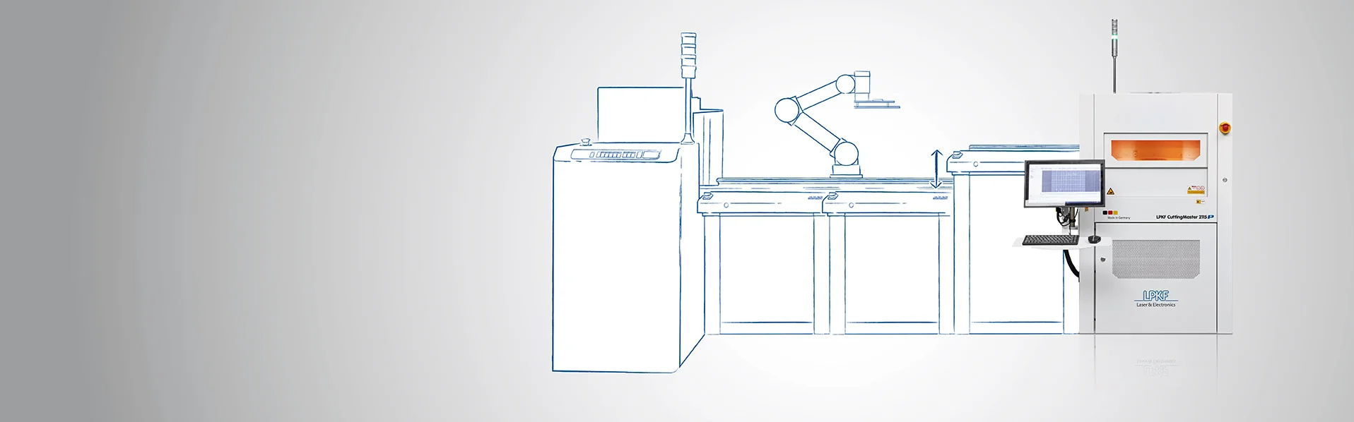 Schema di una linea di depaneling laser LPKF con automazione LoadingMaster